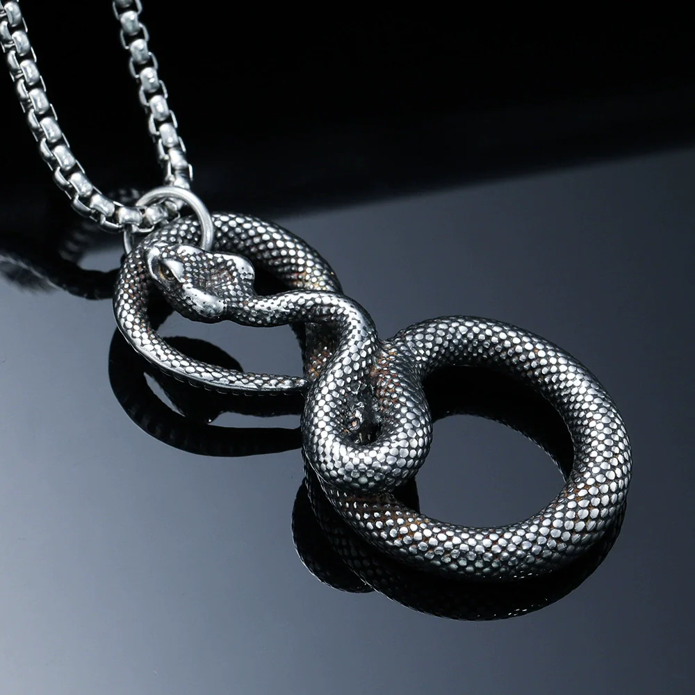 Wholesale Men's Zodiac Snake Pendant Necklace With Geometric Pattern Titanium Steel And Pearl Chain Dripping Oil Treatment - Image 7