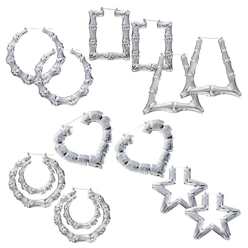 Wholesale Metal Bamboo Big Circle Geometric Hiphop Style Electroplated Unisex Earrings