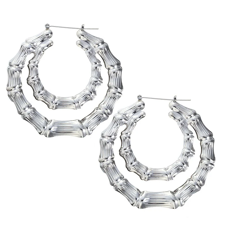 Wholesale Metal Bamboo Big Circle Geometric Hiphop Style Electroplated Unisex Earrings - Image 4