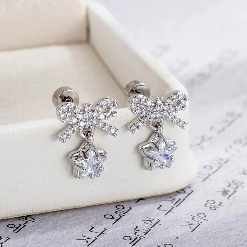 Wholesale Metal Bow Star Pendant With Micropaved Zircon Electroplated For Women's Cartilage Piercing