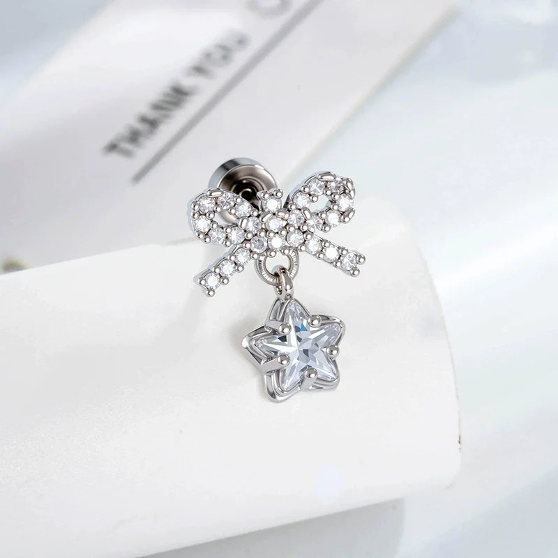 Wholesale Metal Bow Star Pendant With Micropaved Zircon Electroplated For Women's Cartilage Piercing - Image 2