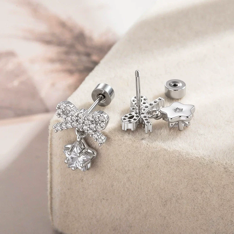 Wholesale Metal Bow Star Pendant With Micropaved Zircon Electroplated For Women's Cartilage Piercing - Image 4