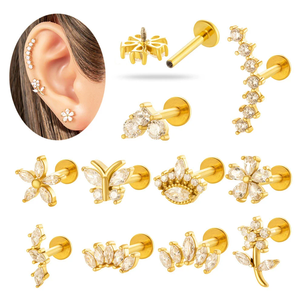 Wholesale Metal Butterfly Style Electroplated Puncture Ornaments For Women Inner Tooth Thread Flat Base Rod Lip Nail And Ear Bone Nail