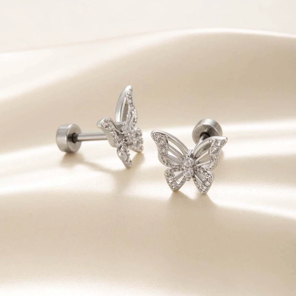 Wholesale Metal Electroplated Butterfly Style Copper Inlaid Zircon Stainless Steel Ear Bone Nail For Women