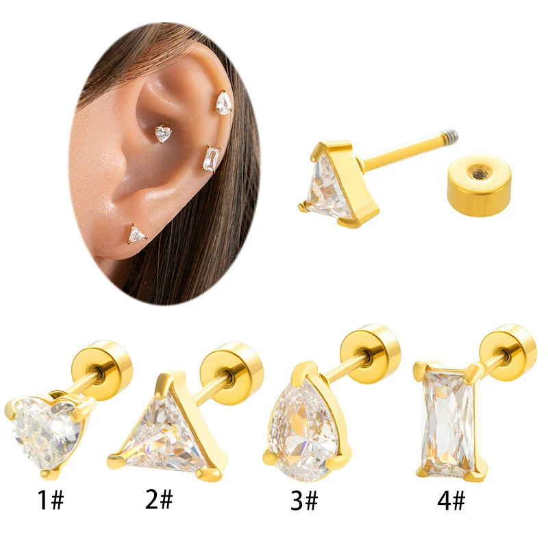 Wholesale Metal Fashion Flower Styling Stainless Steel Triangle Square Zircon Electroplated Women's Cartilage Puncture Ear Nail