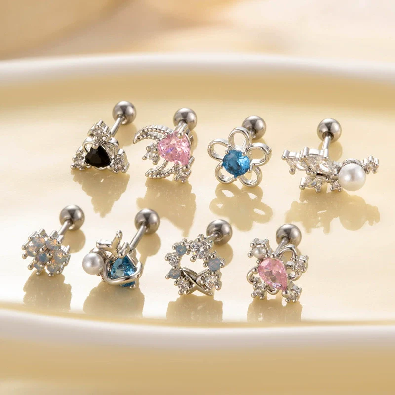Wholesale Metal Flower Pattern Electroplated Titanium Steel Thin Rod Double Head Screw Women's Niche Cartilage Earrings - Image 2