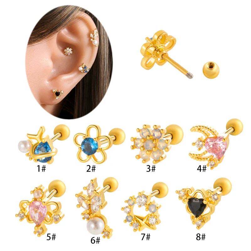 Wholesale Metal Flower Pattern Electroplated Titanium Steel Thin Rod Double Head Screw Women's Niche Cartilage Earrings - Image 5