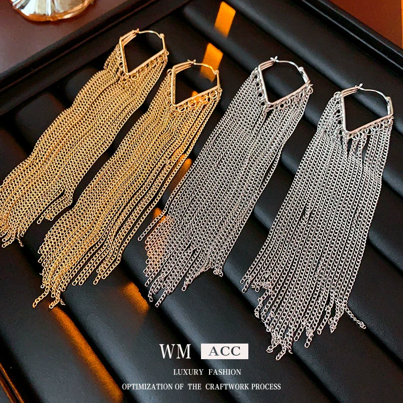 Wholesale Metal Geometric Tassel Long Earrings For Women Fashion Electroplated Light Luxury Highend Ear Accessories - Image 3