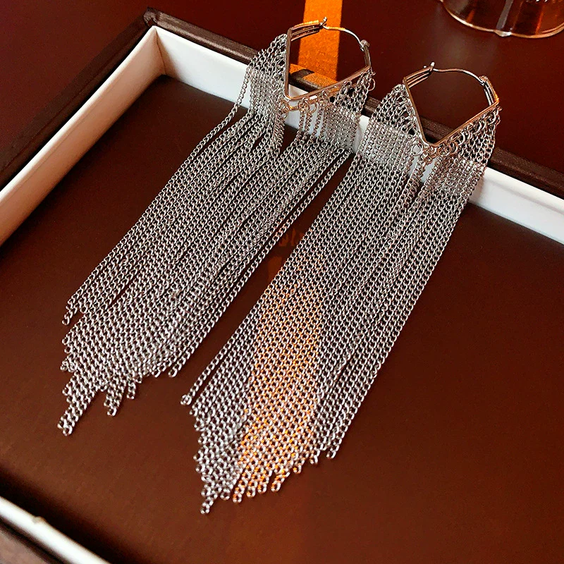 Wholesale Metal Geometric Tassel Long Earrings For Women Fashion Electroplated Light Luxury Highend Ear Accessories - Image 6