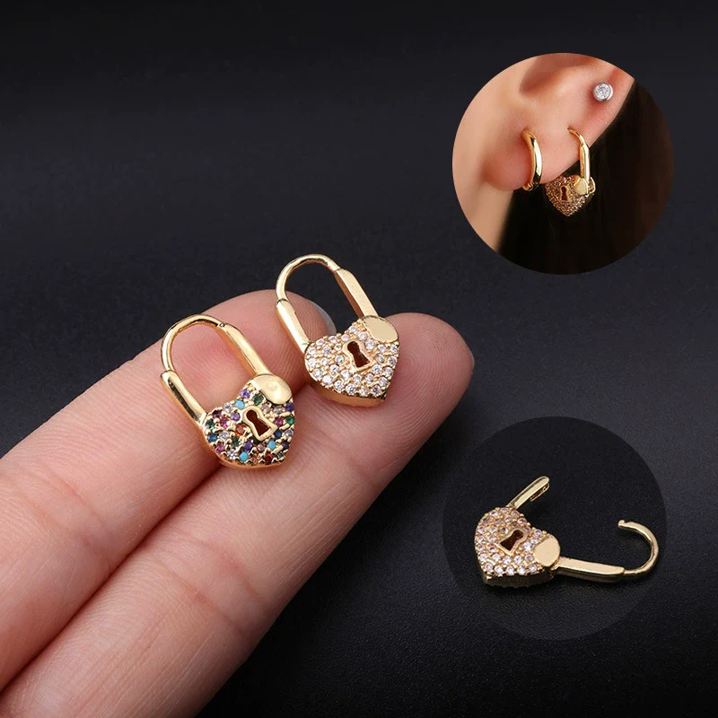 Wholesale Metal Heartshaped Doublesided Zircon Love Lock Earring Jewelry With Electroplating