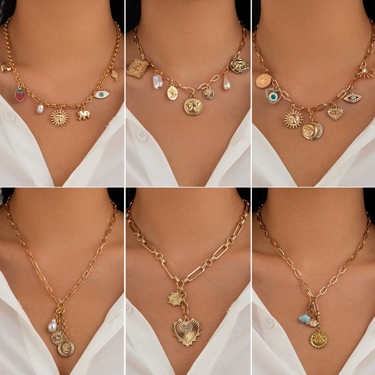 Wholesale Metal Heartshaped Geometric Multieyes Tassel Collarbone Necklace For Women With Electroplating