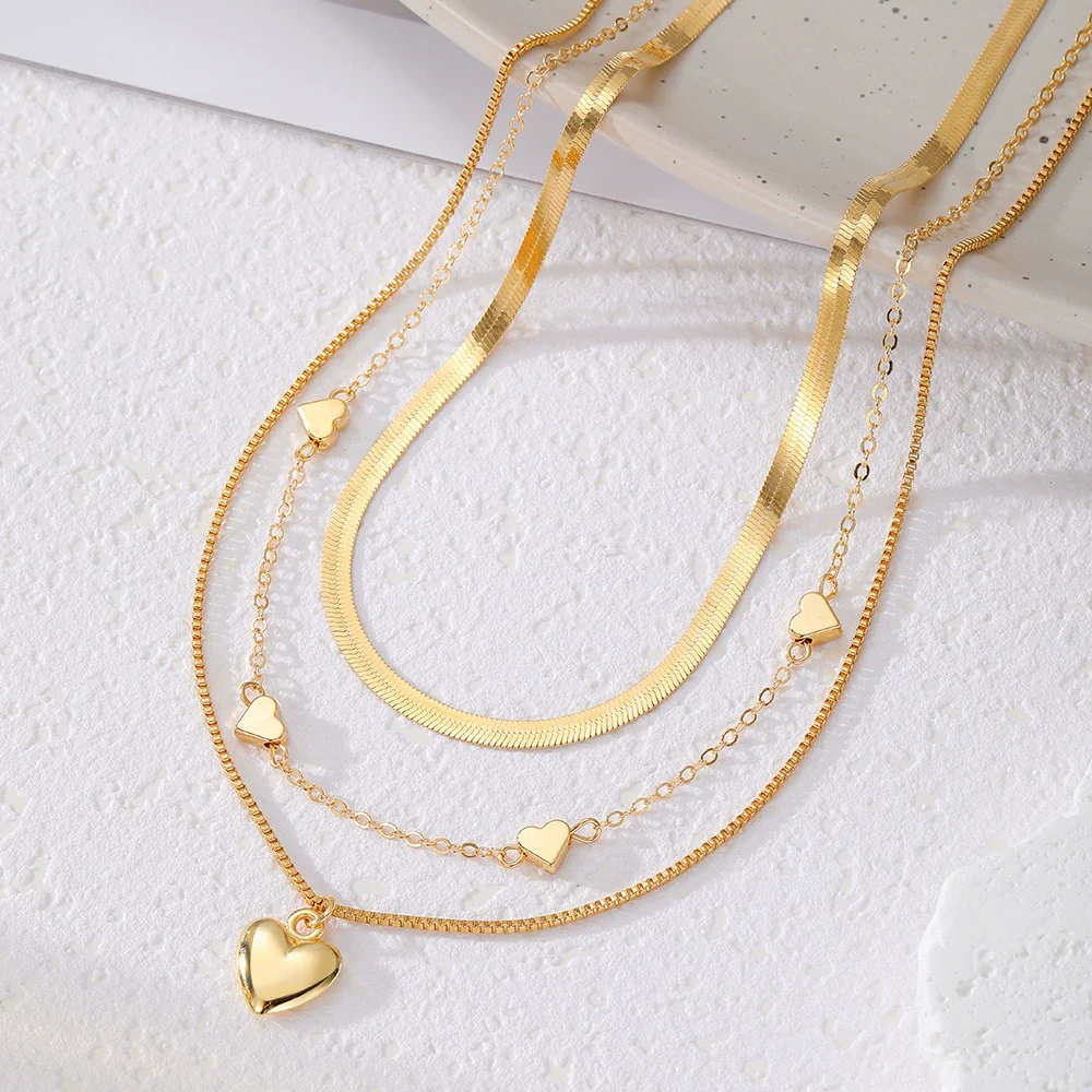 Wholesale Metal Heartshaped Snake Bone Chain Retro Geometric Threedimensional Love Multilayered Necklace For Women With Electroplating - Image 3