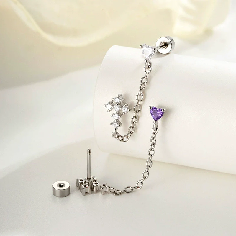 Wholesale Metal Heartshaped Zircon Microinlaid Cross Double Ear Hole Cartilage Piercing Ear Bone Nail For Unisex - Image 3