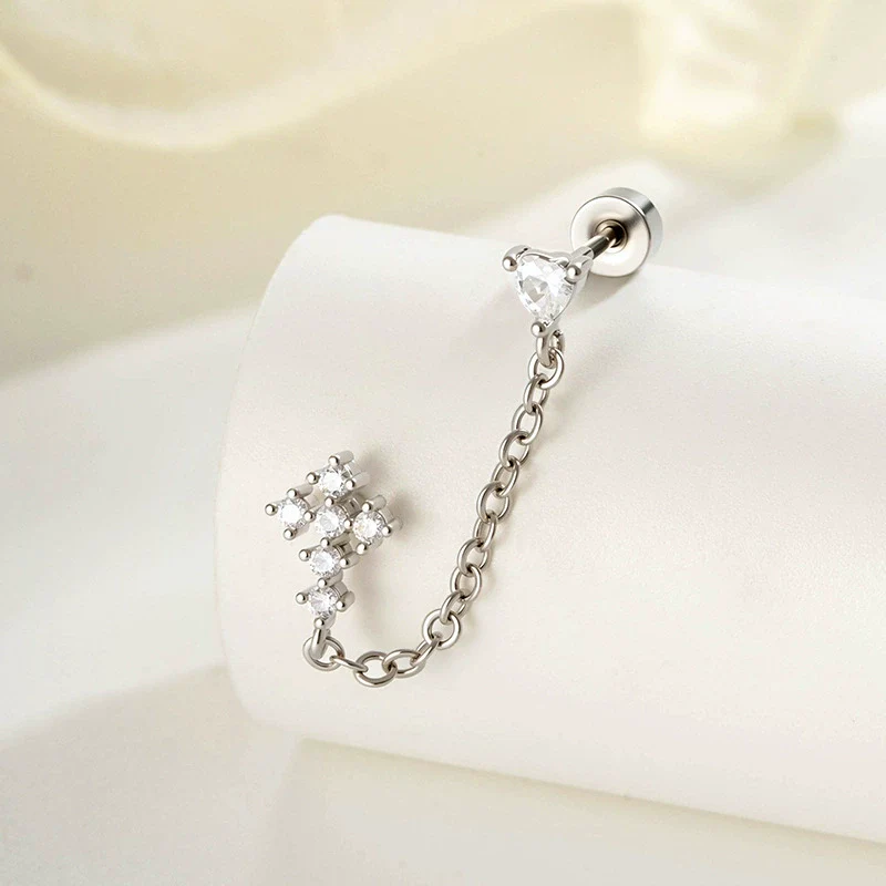 Wholesale Metal Heartshaped Zircon Microinlaid Cross Double Ear Hole Cartilage Piercing Ear Bone Nail For Unisex - Image 5