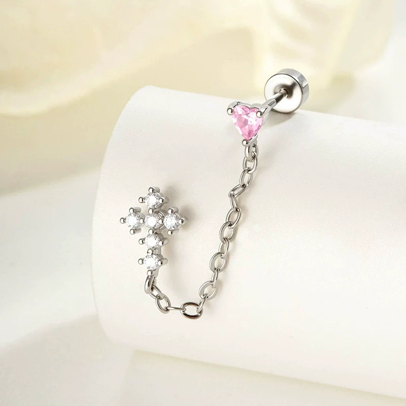 Wholesale Metal Heartshaped Zircon Microinlaid Cross Double Ear Hole Cartilage Piercing Ear Bone Nail For Unisex - Image 6