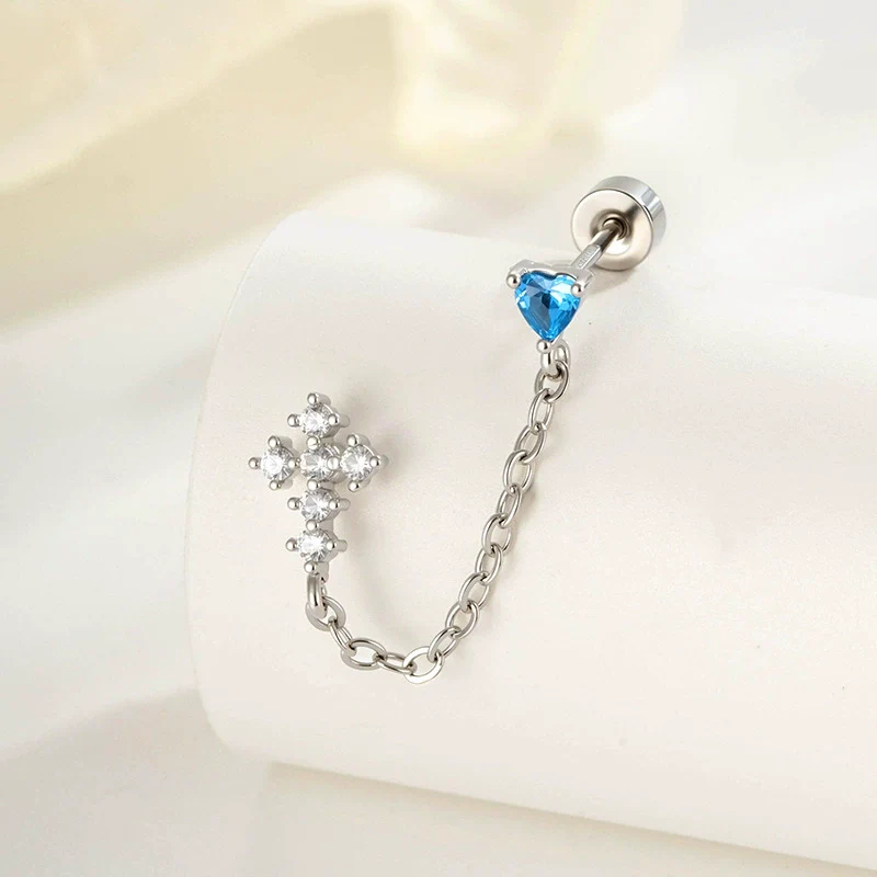 Wholesale Metal Heartshaped Zircon Microinlaid Cross Double Ear Hole Cartilage Piercing Ear Bone Nail For Unisex - Image 8