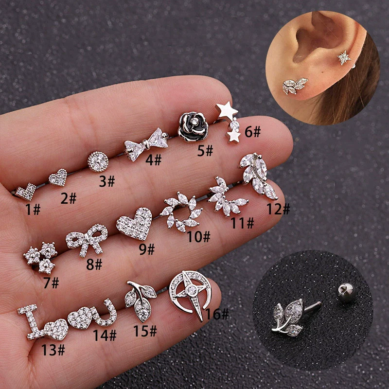 Wholesale Metal Inlaid Zircon Flower Style Ear Nail For Body Puncture