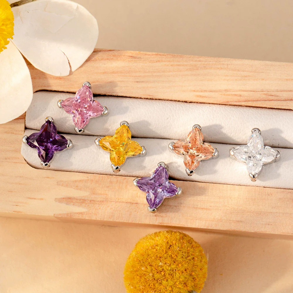 Wholesale Metal Lily Cut Zircon Inlaid Double Head Screw Rod Ear Nail Sweet Style Women's Earrings - Image 2