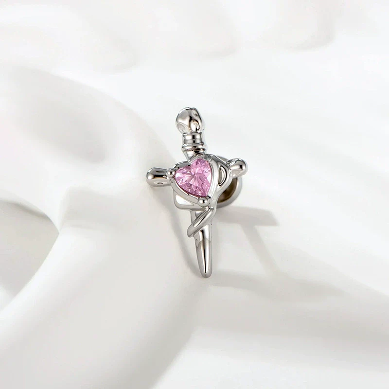 Wholesale Metal Opal Zircon Titanium Steel Heart Shape Cross Screw Stud Piercing Earrings Set With Gems - Image 2
