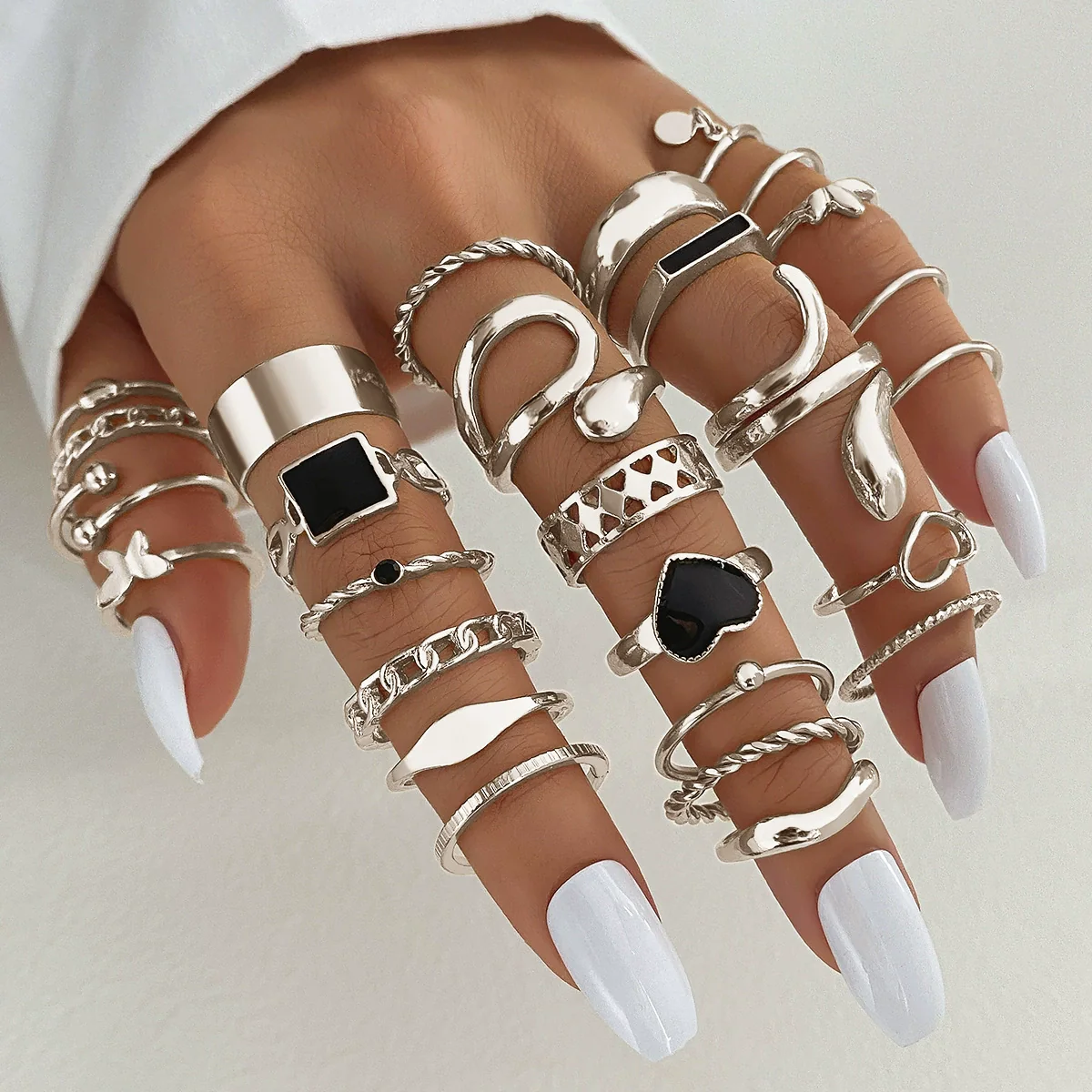 Wholesale Metal Retro Geometric Dripping Glue Heart Square Open Ring Set