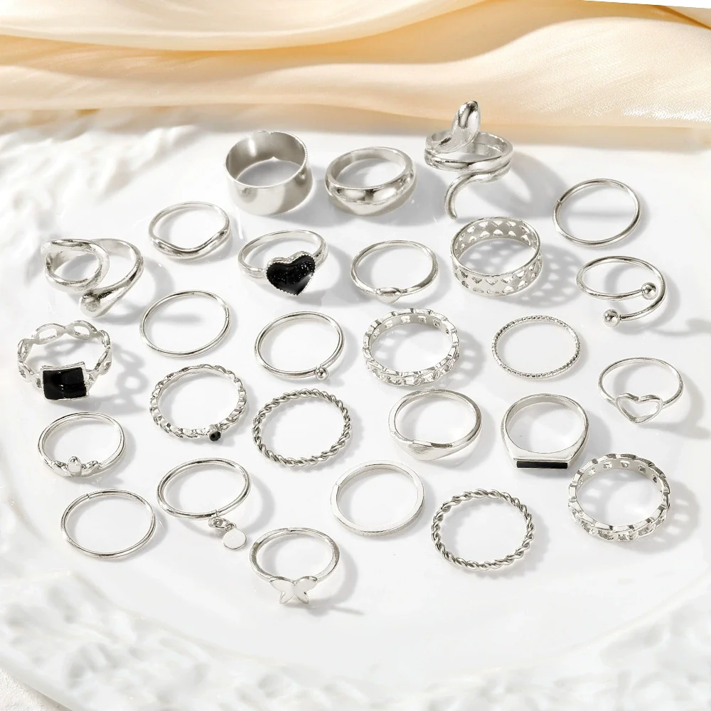 Wholesale Metal Retro Geometric Dripping Glue Heart Square Open Ring Set - Image 2