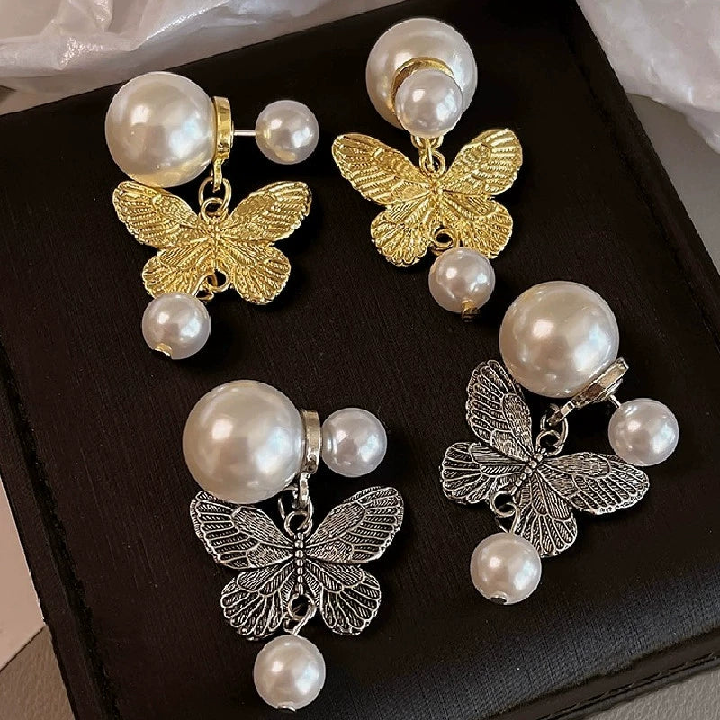 Wholesale Metallic Butterfly Pearl Earrings Zinc Alloy Animal Pattern Electroplating Light Luxury Style For Women - Image 2