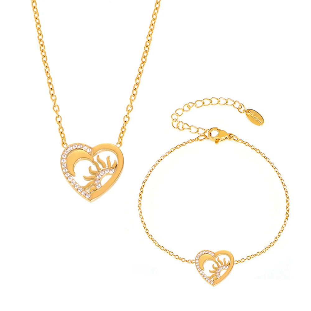 Wholesale Minimalist Geometric Stainless Steel Heartshaped Zircon Pendant Necklace And Bracelet Jewelry For Women With Electroplating - Image 5