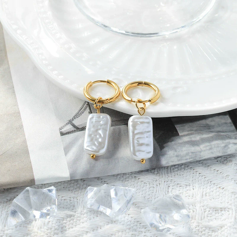 Wholesale Minimalist Geometric Stainless Steel Pearl Earrings With Electroplating Design - Image 6