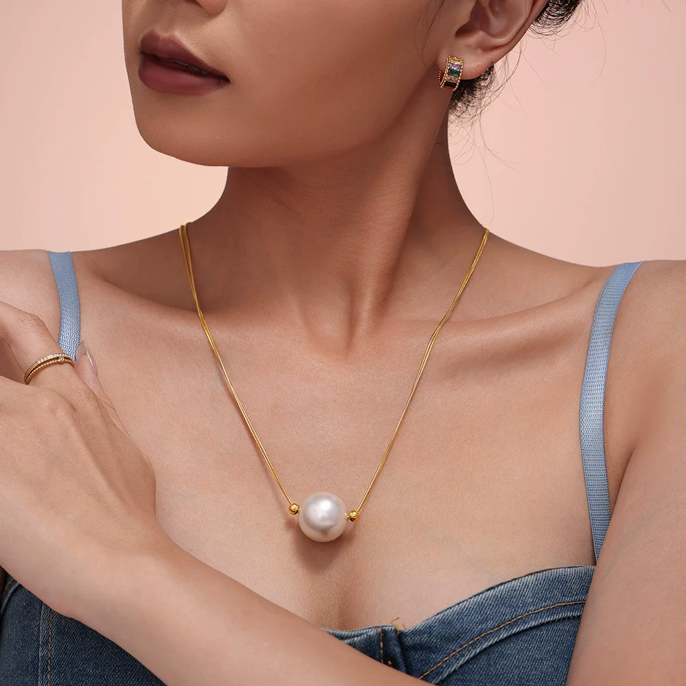 Wholesale Minimalist Geometric Titanium Steel And Shell Beads Single Large Bead Pendant Necklace With Electroplating For Women