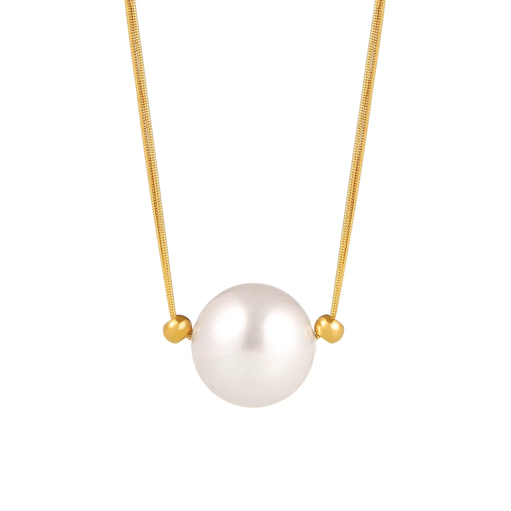 Wholesale Minimalist Geometric Titanium Steel And Shell Beads Single Large Bead Pendant Necklace With Electroplating For Women - Image 5