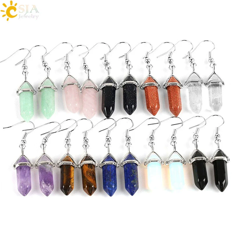 Wholesale Minimalist Natural Stone And Copper Accessories Hexagonal Prism Bullet Pendant Earrings