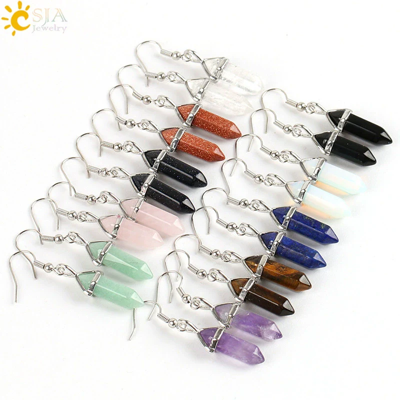 Wholesale Minimalist Natural Stone And Copper Accessories Hexagonal Prism Bullet Pendant Earrings - Image 2