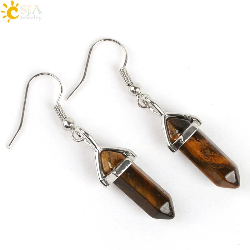 Wholesale Minimalist Natural Stone And Copper Accessories Hexagonal Prism Bullet Pendant Earrings - Image 9