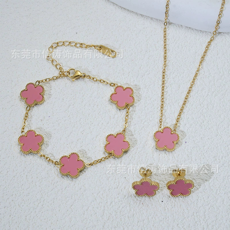 Wholesale Minimalist Plants And Flowers Style Titanium Steel 18K Electroplated Earrings Necklaces And Bracelets Set - Image 11
