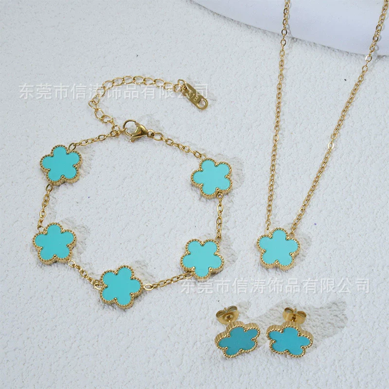 Wholesale Minimalist Plants And Flowers Style Titanium Steel 18K Electroplated Earrings Necklaces And Bracelets Set - Image 12