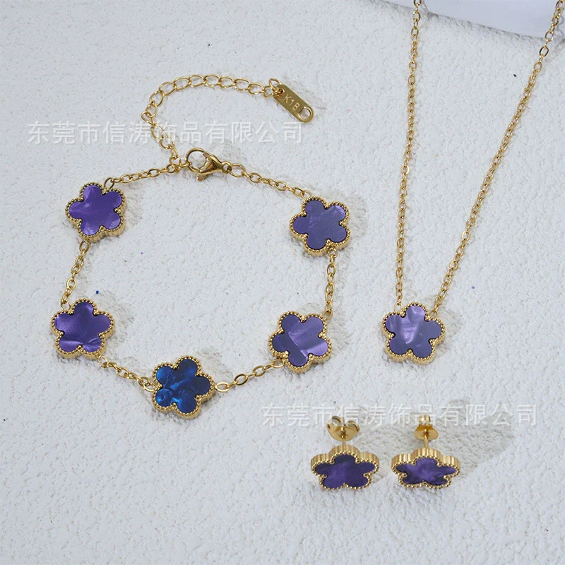 Wholesale Minimalist Plants And Flowers Style Titanium Steel 18K Electroplated Earrings Necklaces And Bracelets Set - Image 14