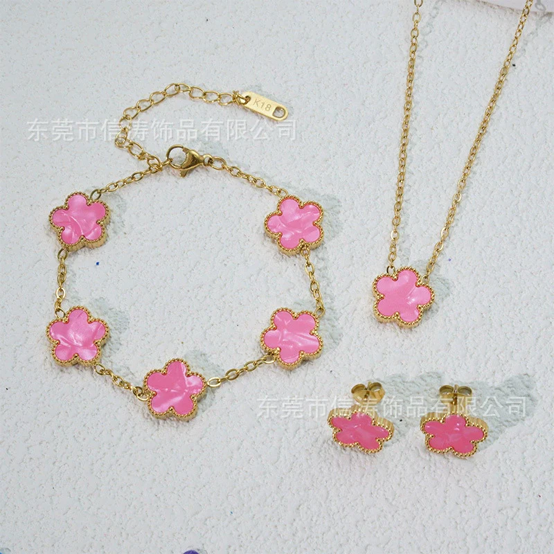 Wholesale Minimalist Plants And Flowers Style Titanium Steel 18K Electroplated Earrings Necklaces And Bracelets Set - Image 17