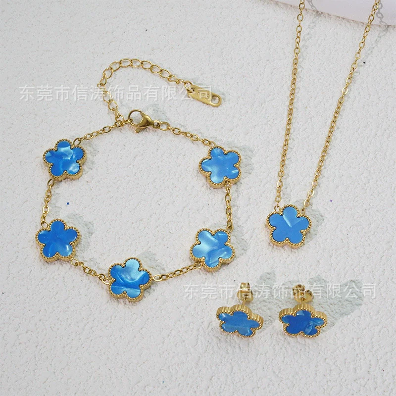 Wholesale Minimalist Plants And Flowers Style Titanium Steel 18K Electroplated Earrings Necklaces And Bracelets Set - Image 18