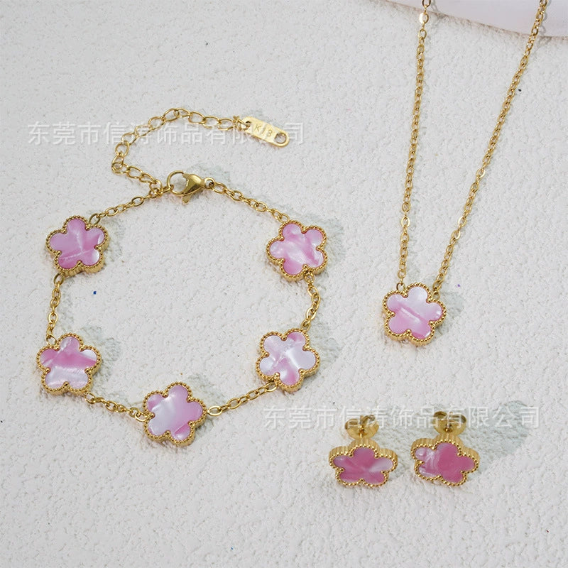 Wholesale Minimalist Plants And Flowers Style Titanium Steel 18K Electroplated Earrings Necklaces And Bracelets Set - Image 19
