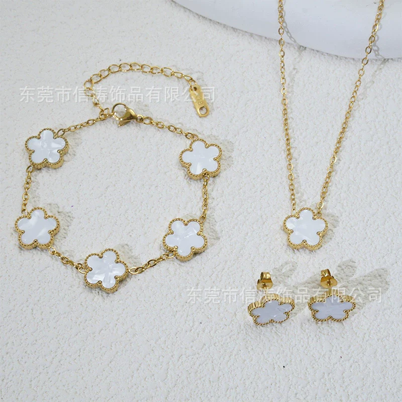 Wholesale Minimalist Plants And Flowers Style Titanium Steel 18K Electroplated Earrings Necklaces And Bracelets Set - Image 6