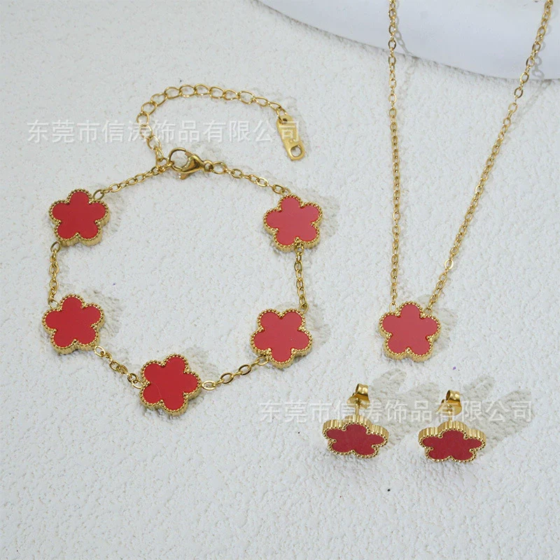 Wholesale Minimalist Plants And Flowers Style Titanium Steel 18K Electroplated Earrings Necklaces And Bracelets Set - Image 8