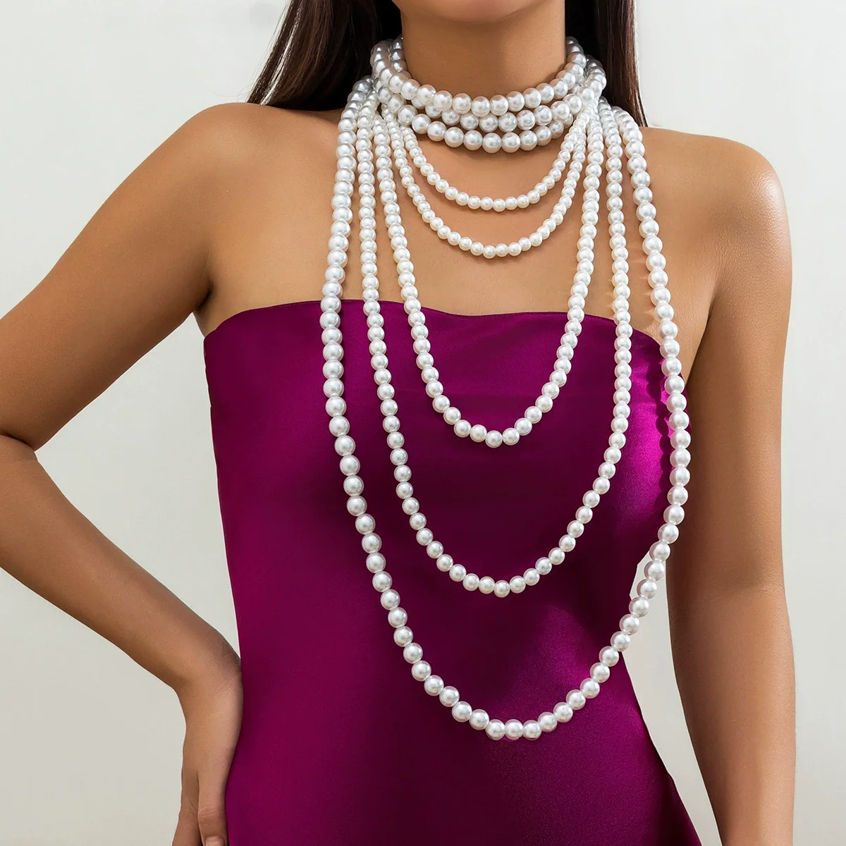 Wholesale Multi Layer Imitation Pearl Women's Necklace Geometric Baroque Style Ball Chain Jewelry Choker - Image 6
