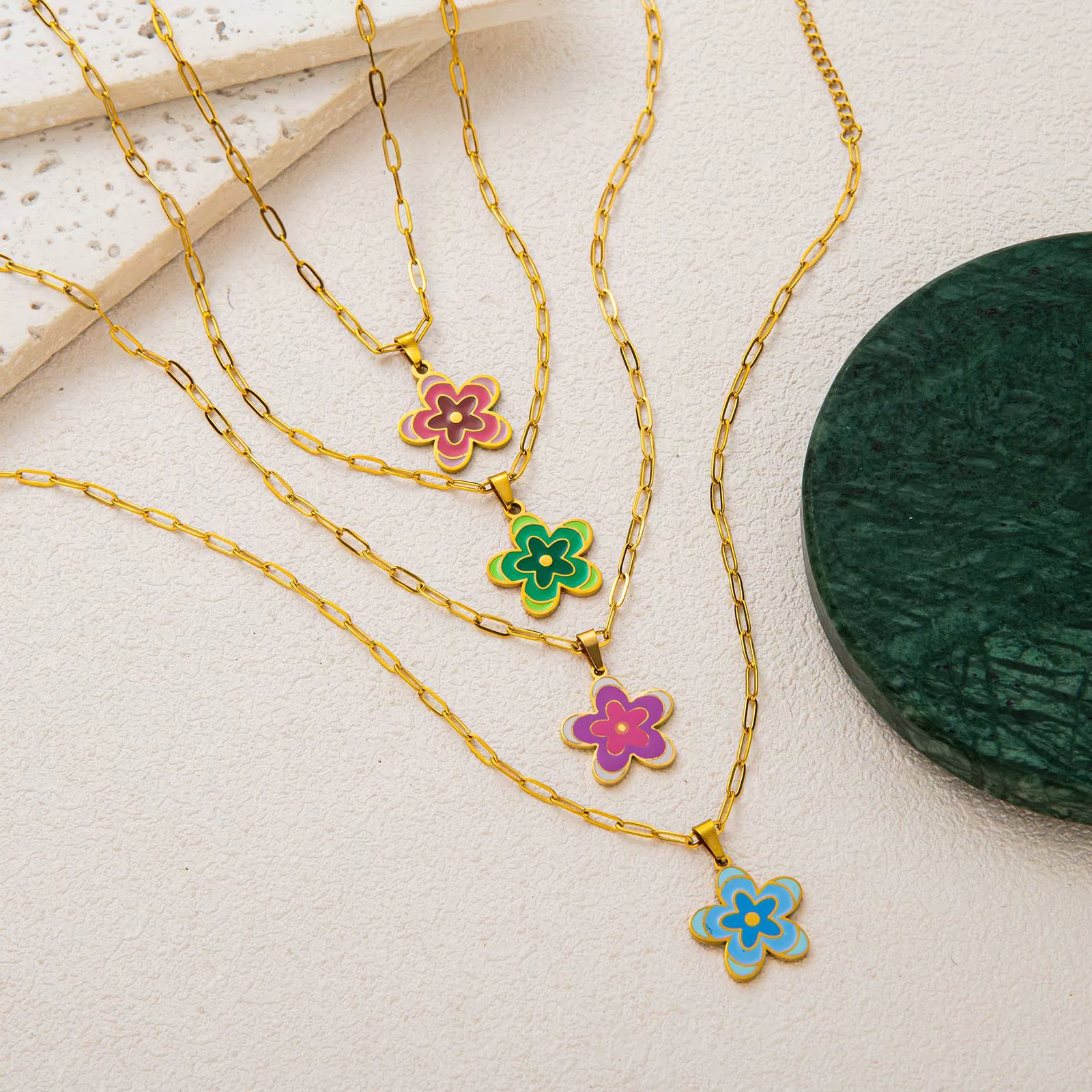 Wholesale Multilayer Minimalist Oil Drop Flower Pendant Necklace With Paper Clip Chain Titanium Steel 18K Gold Electroplated Unisex - Image 2