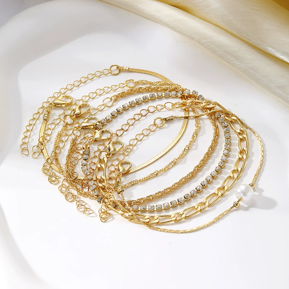 Wholesale Multilayer Twist Chain Snake Bone Chain Bracelet Set Alloy Geometric Pattern Inlaid Rhinestone Pearl For Women - Image 3