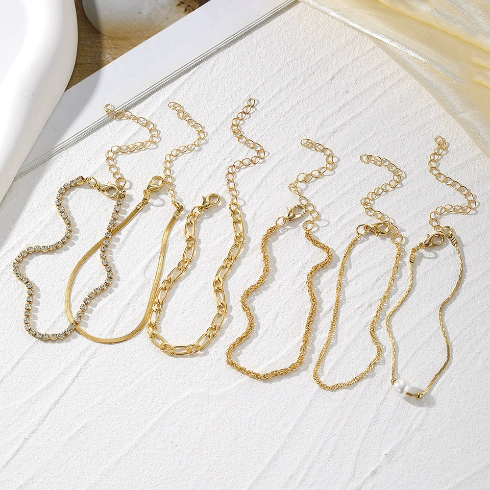 Wholesale Multilayer Twist Chain Snake Bone Chain Bracelet Set Alloy Geometric Pattern Inlaid Rhinestone Pearl For Women - Image 4