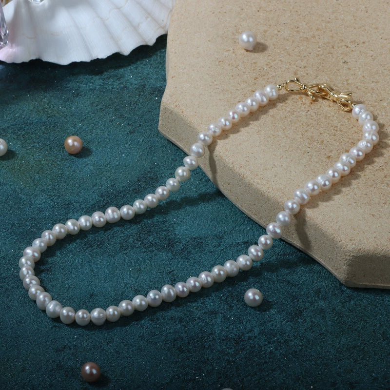 Wholesale Natural Freshwater Pearl Necklace Copper Accessories Near Circle Shape Bow Buckle - Image 3