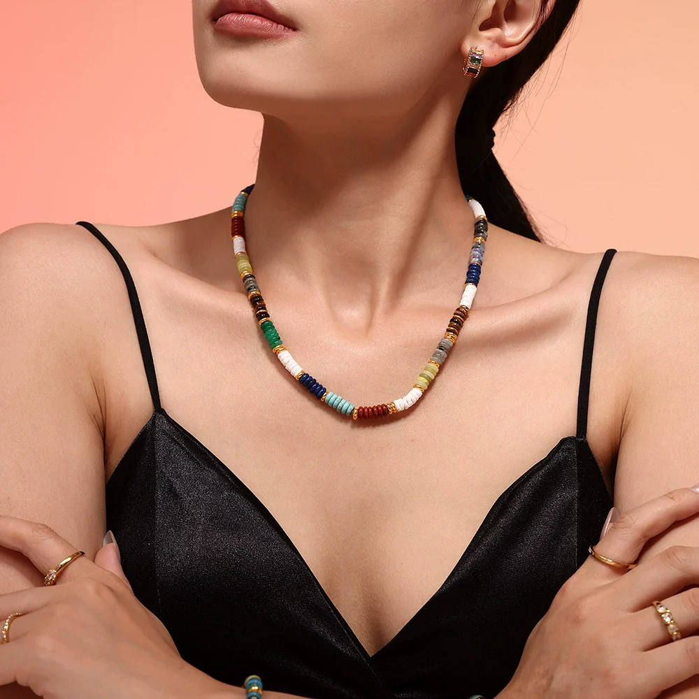 Wholesale Natural Stone And Stainless Steel Abacus Bead Necklace And Bracelet Retro Dopamine Style Handmade With Electroplating - Image 4