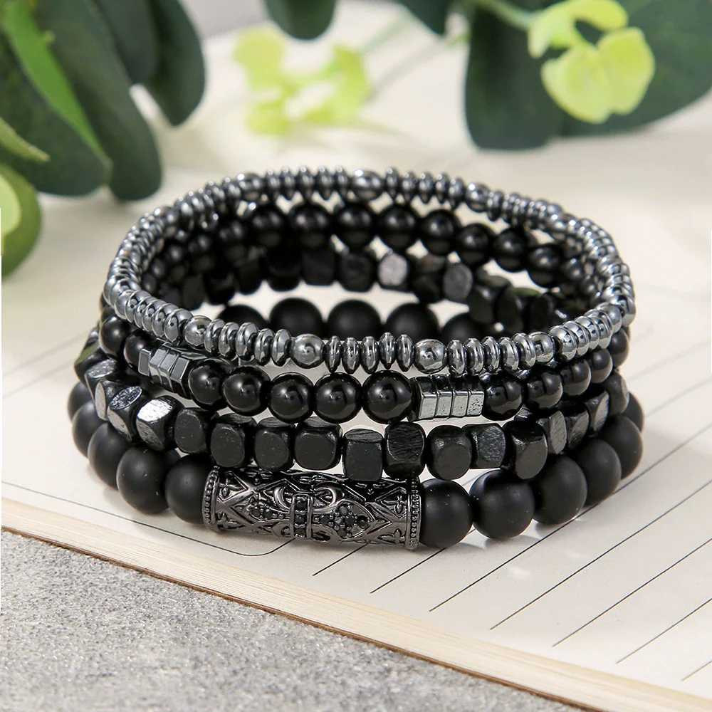 Wholesale Natural Wooden Beads And Copper Inlaid Zircon Beaded Bracelet Set Geometric Handmade Unisex