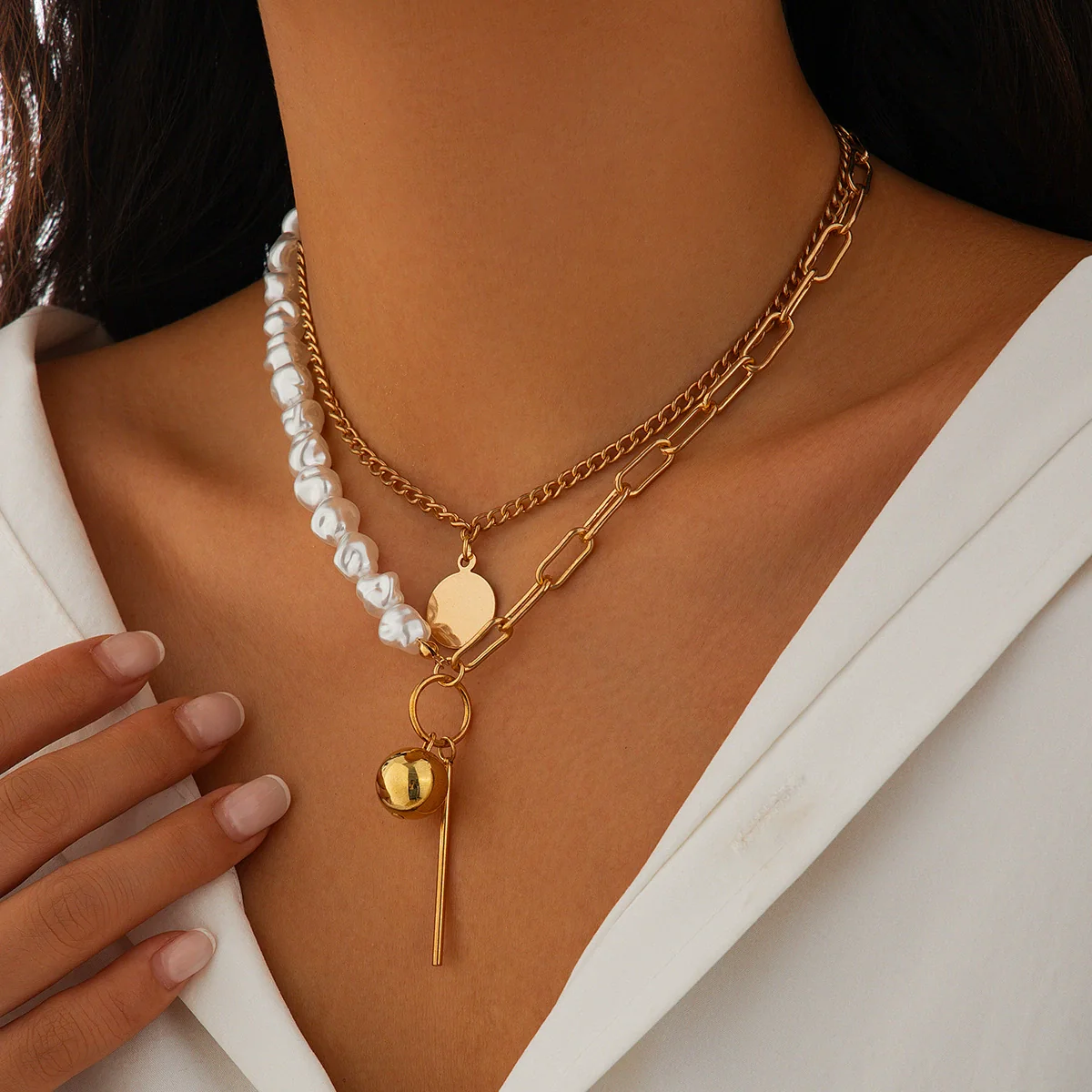 Wholesale Necklace Alloy Geometric Imitation Pearl Multilayer Stacked Electroplating For Women