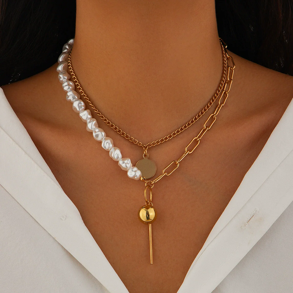 Wholesale Necklace Alloy Geometric Imitation Pearl Multilayer Stacked Electroplating For Women - Image 6